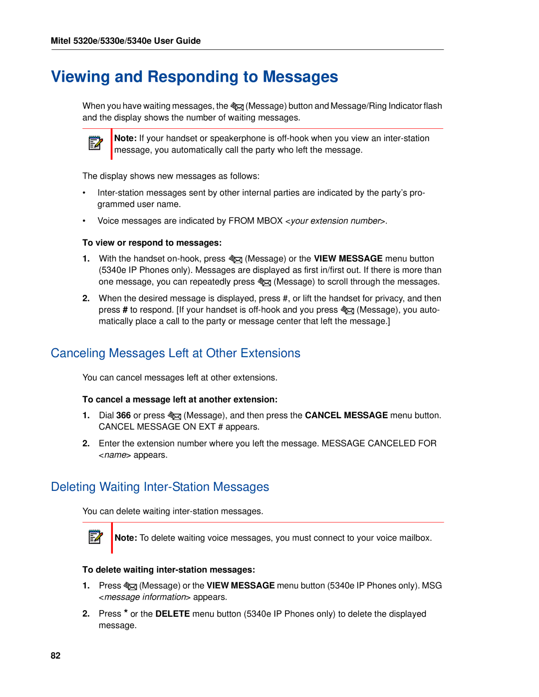 Mitel 5320e manual Viewing and Responding to Messages, Canceling Messages Left at Other Extensions 