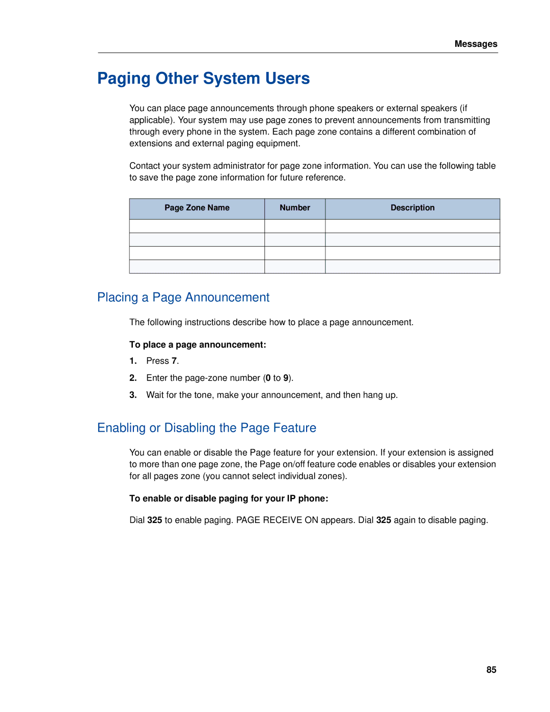 Mitel 5320e manual Paging Other System Users, Placing a Page Announcement, Enabling or Disabling the Page Feature 