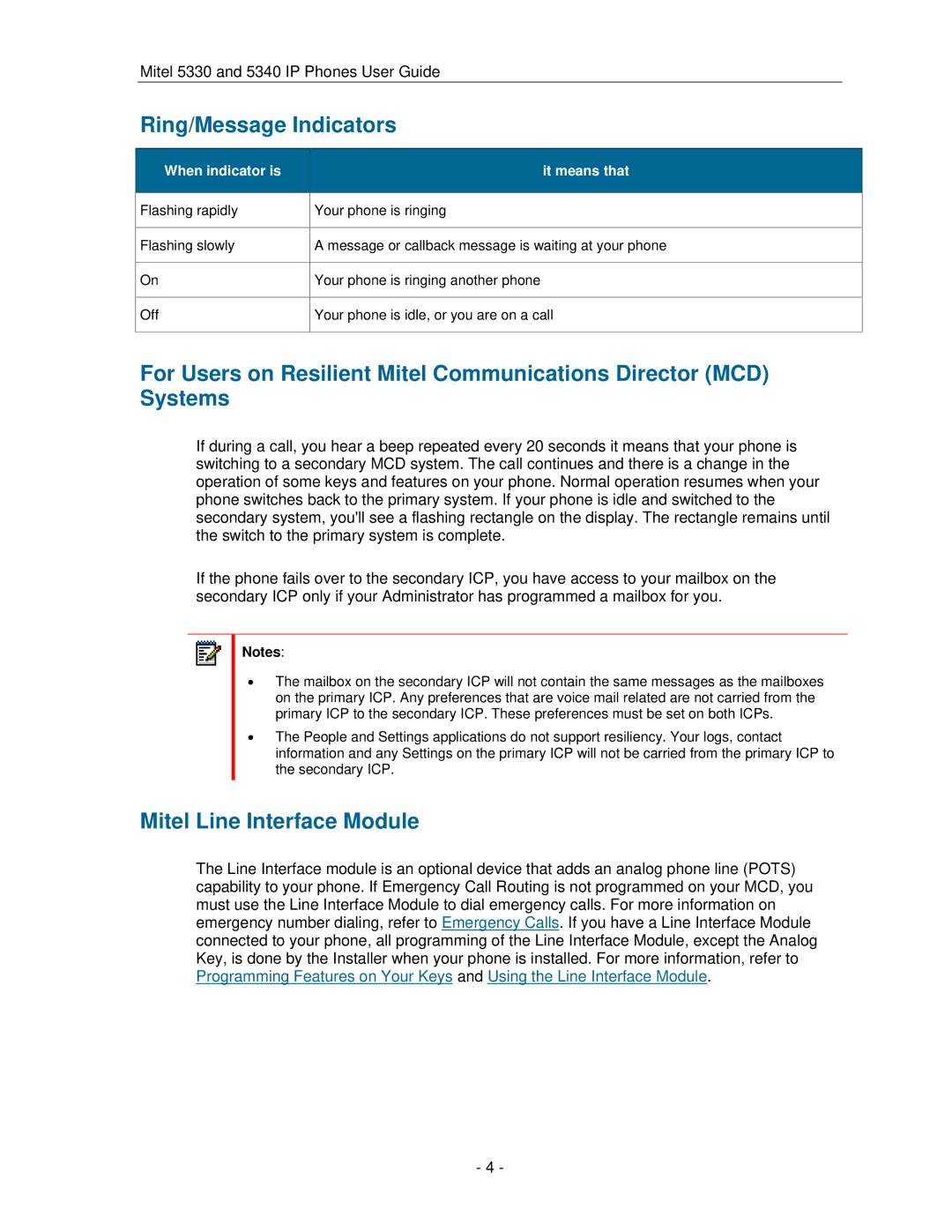 Mitel 5330 manual Ring/Message Indicators, Mitel Line Interface Module 