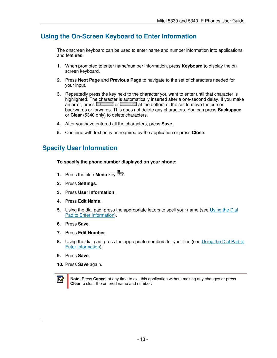 Mitel 5330 manual Using the On-Screen Keyboard to Enter Information, Specify User Information, Press Edit Number 