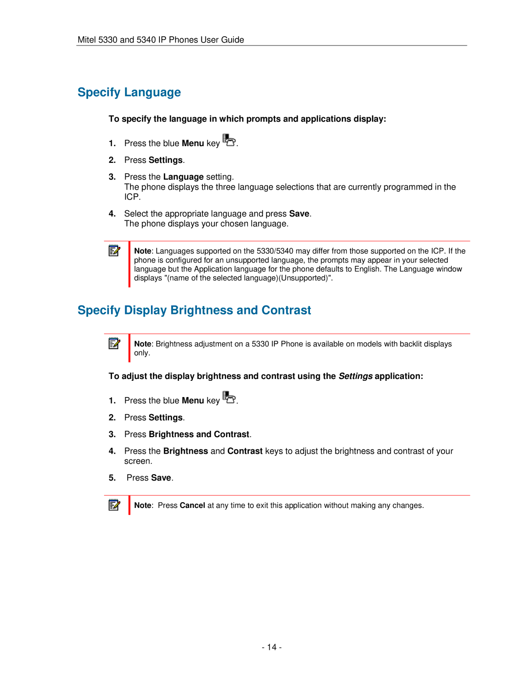 Mitel 5330 manual Specify Language, Specify Display Brightness and Contrast, Press Settings 