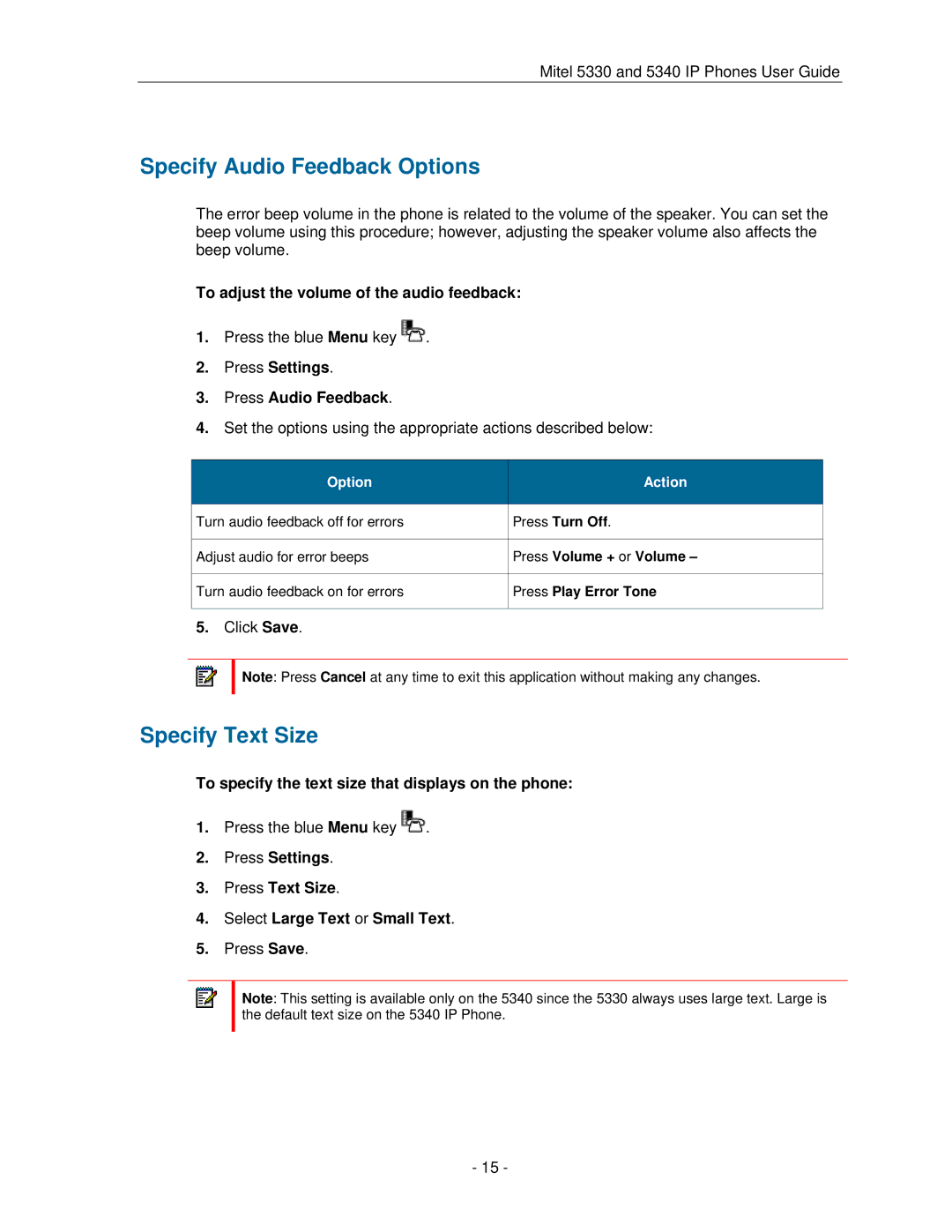 Mitel 5330 manual Specify Audio Feedback Options, Specify Text Size, To adjust the volume of the audio feedback 