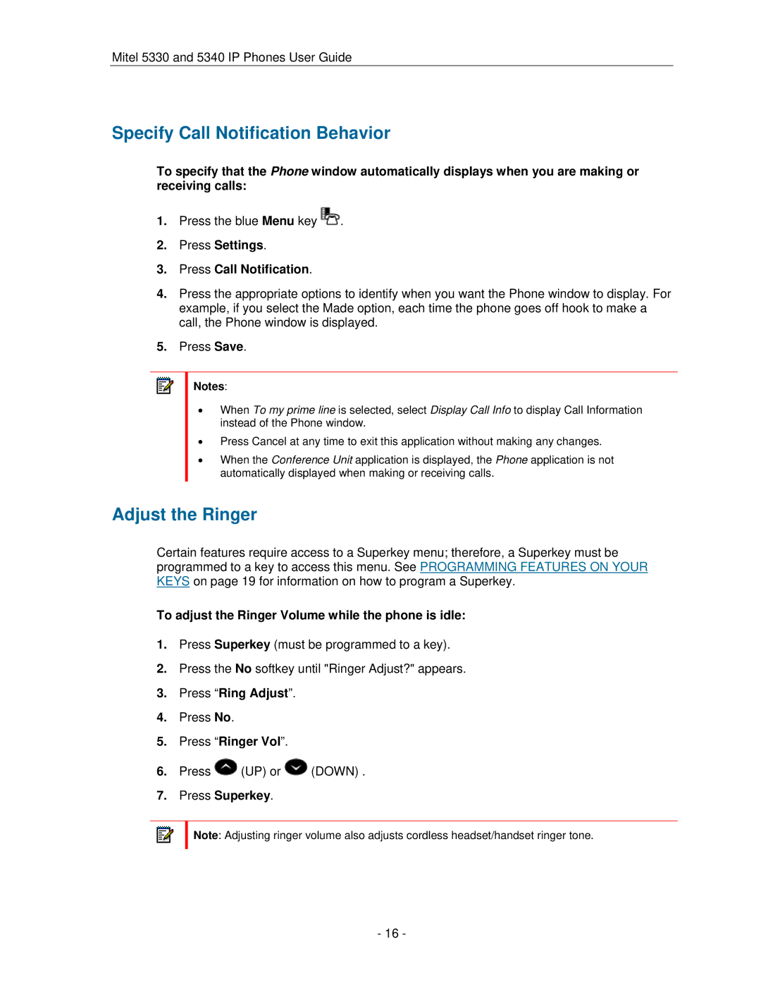 Mitel 5330 manual Specify Call Notification Behavior, Adjust the Ringer 