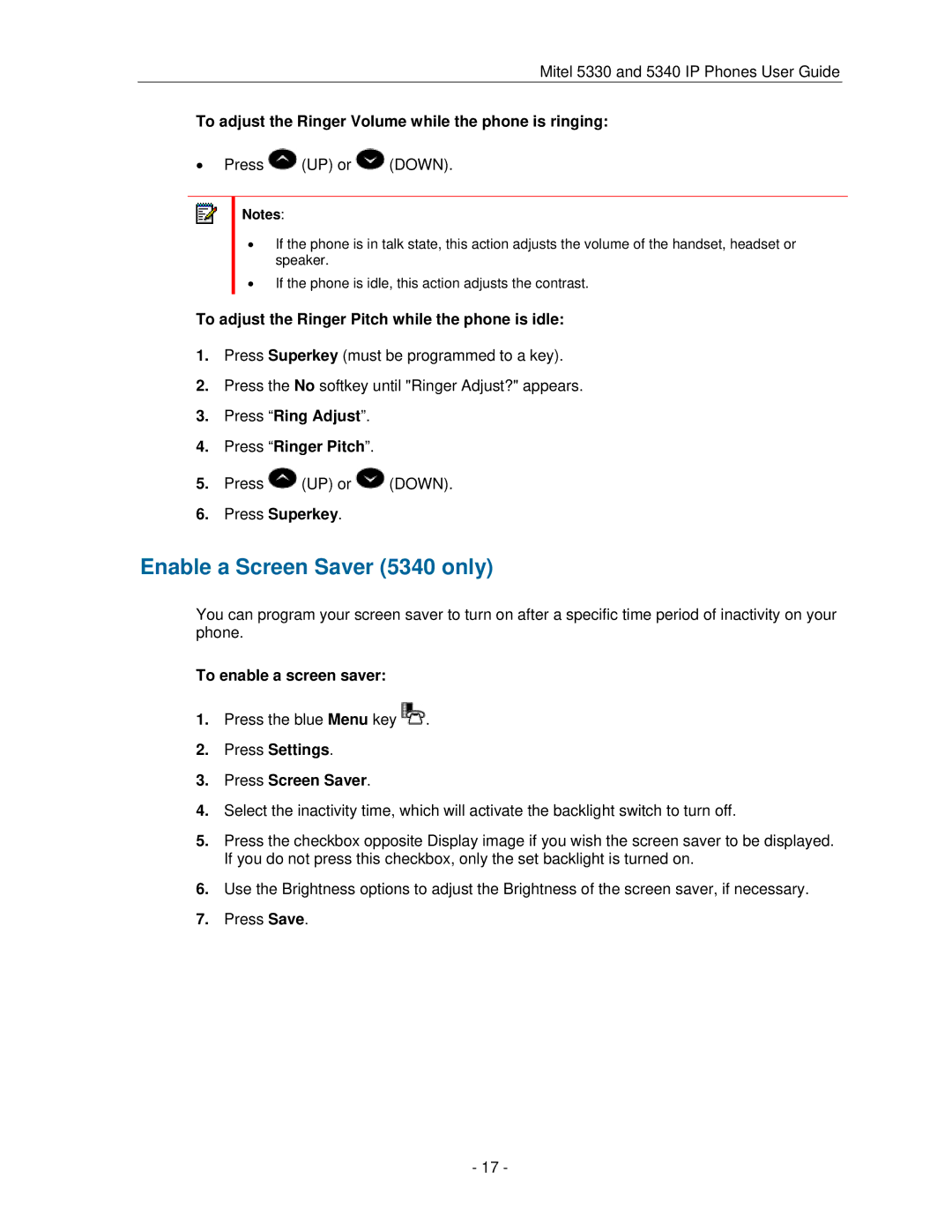 Mitel 5330 manual Enable a Screen Saver 5340 only 