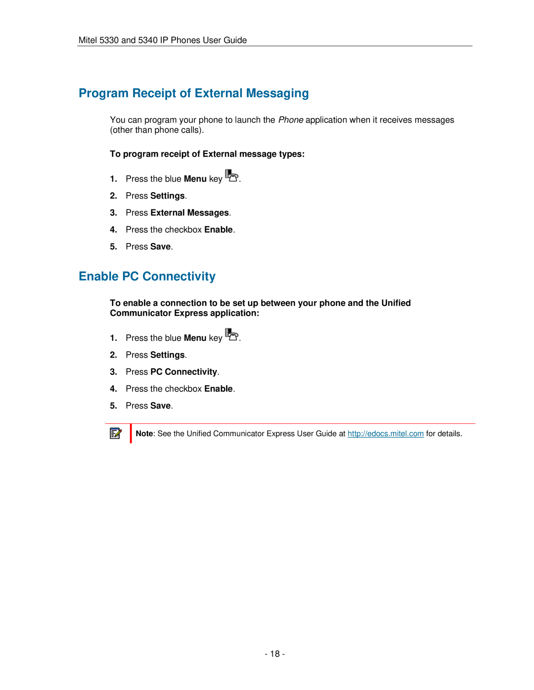 Mitel 5330 Program Receipt of External Messaging, Enable PC Connectivity, To program receipt of External message types 