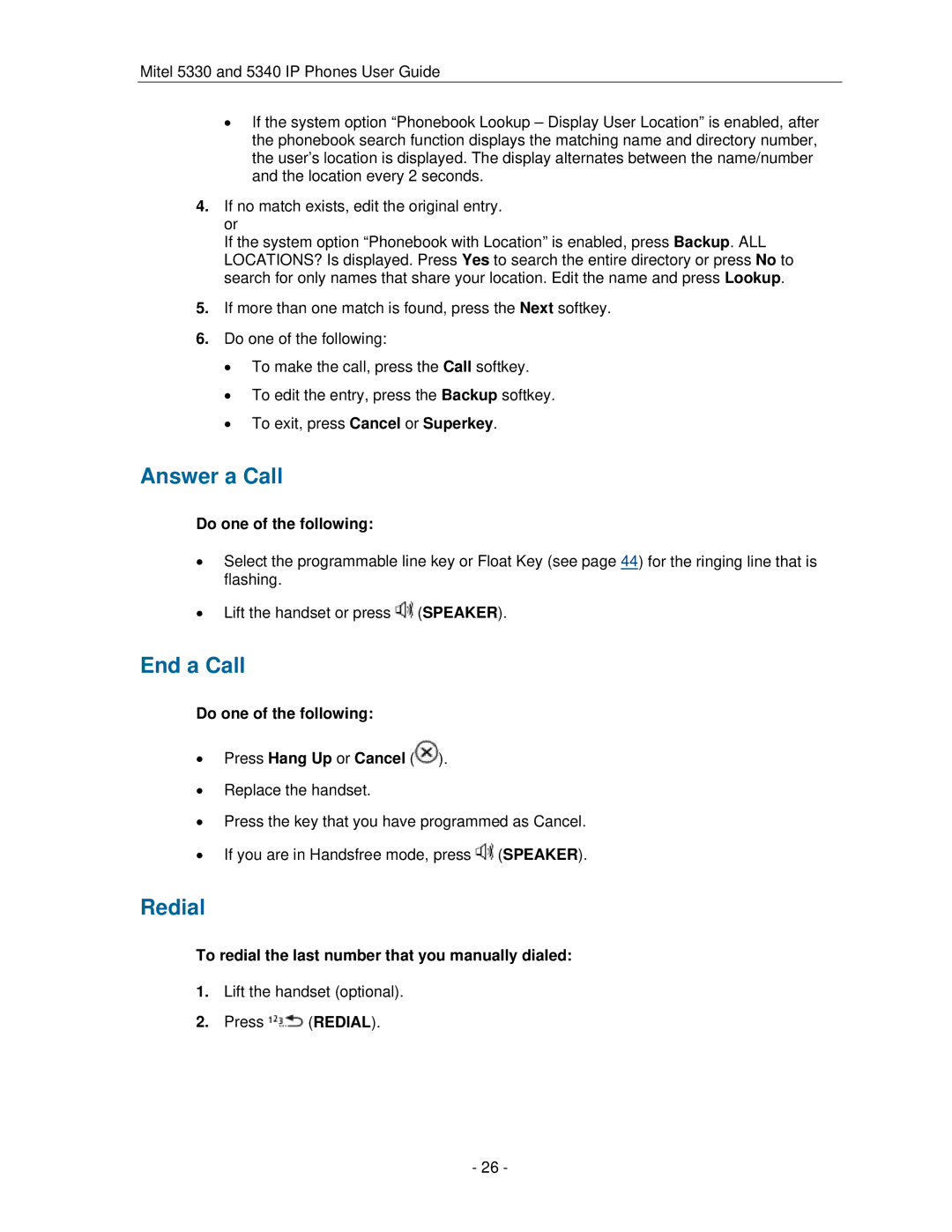 Mitel 5330 manual Answer a Call, End a Call, Redial 