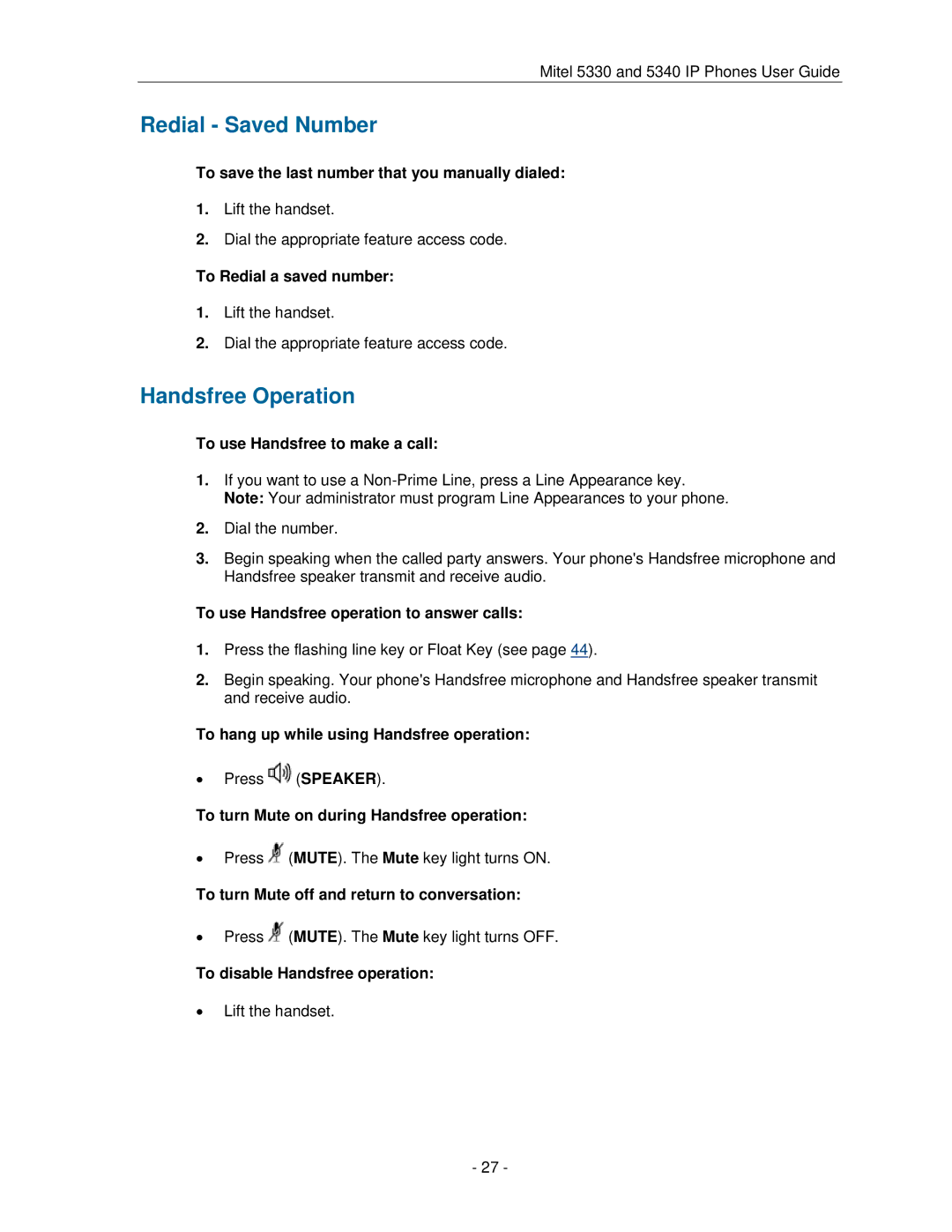 Mitel 5330 manual Redial Saved Number, Handsfree Operation 