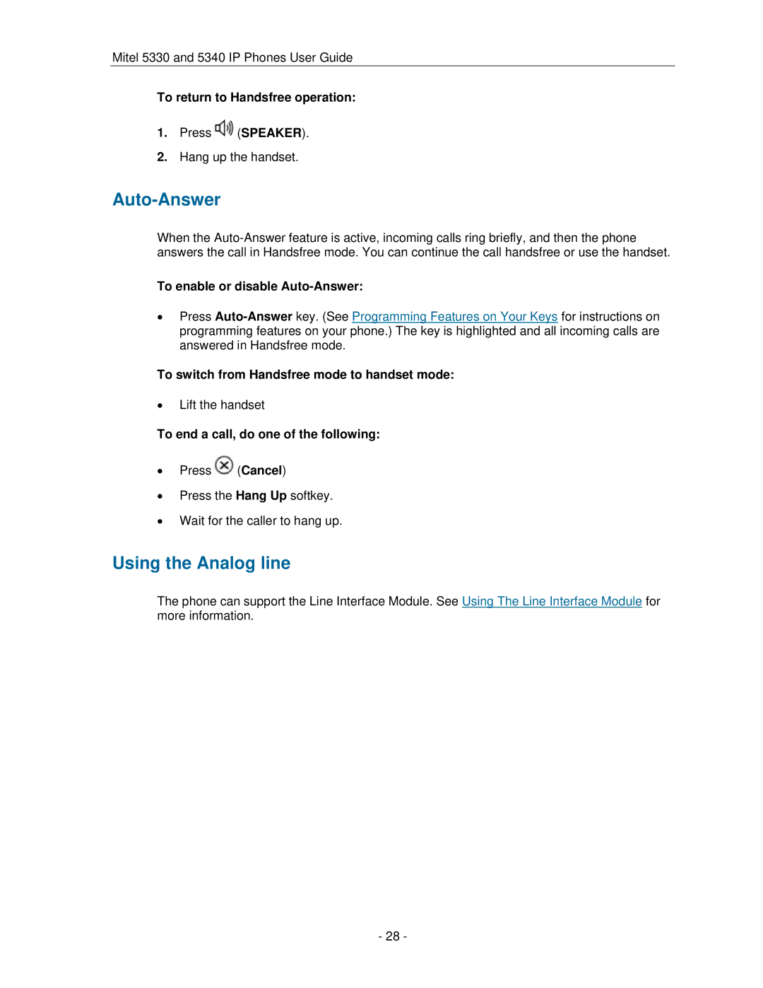 Mitel 5330 manual Auto-Answer, Using the Analog line 