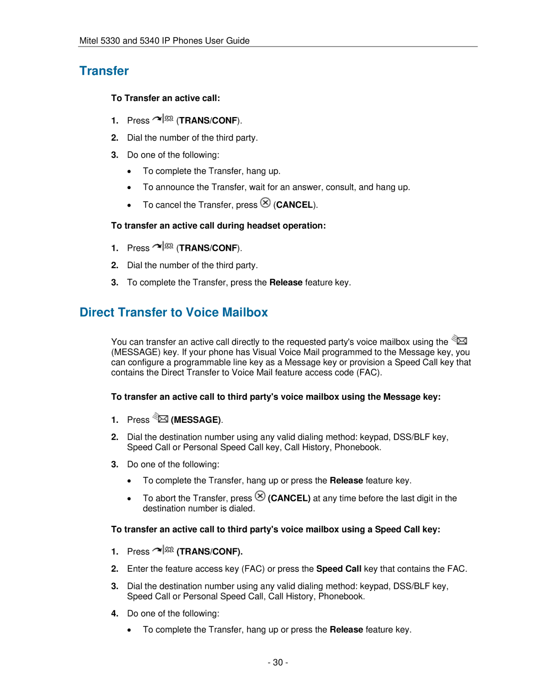 Mitel 5330 manual Direct Transfer to Voice Mailbox, To Transfer an active call 