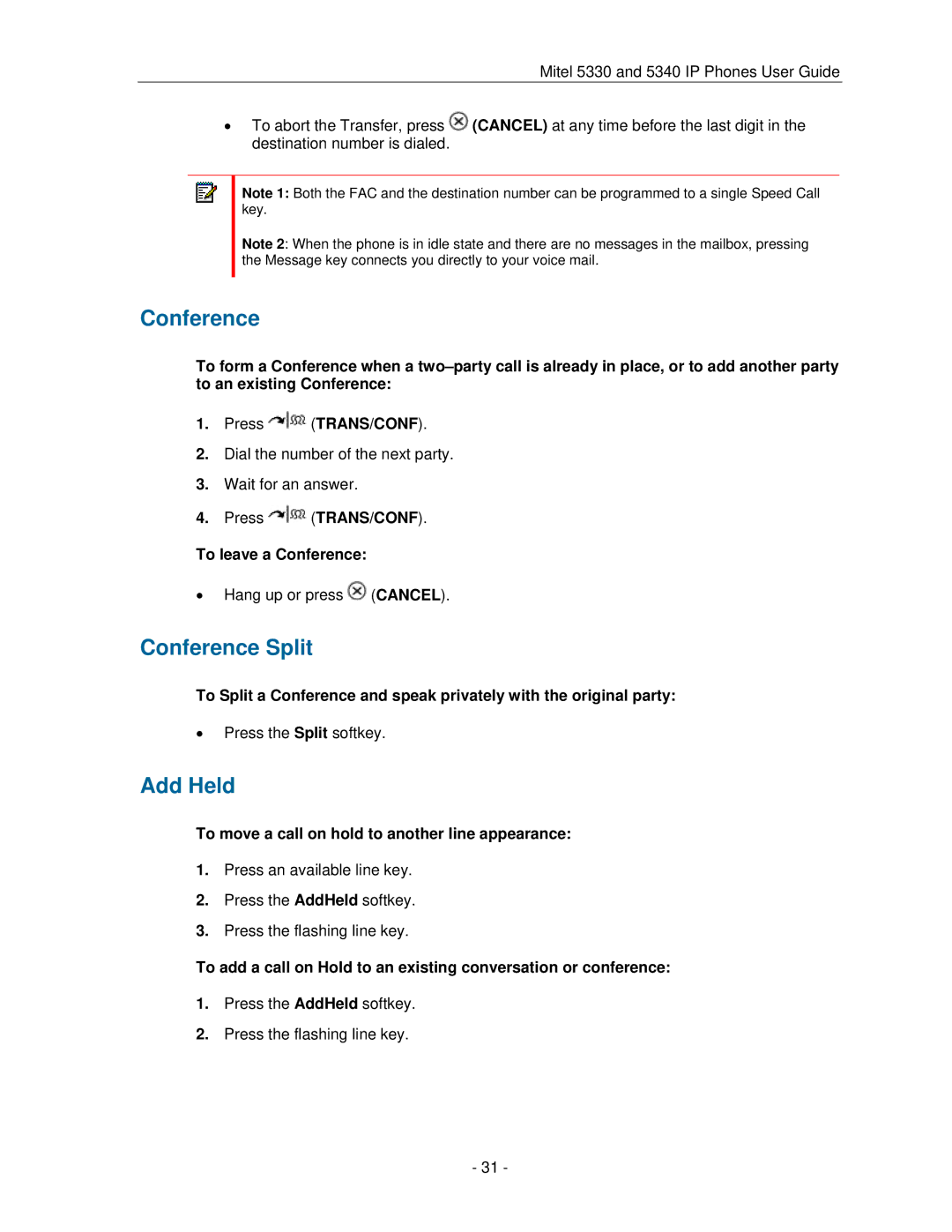 Mitel 5330 manual Conference Split, Add Held, To leave a Conference, To move a call on hold to another line appearance 