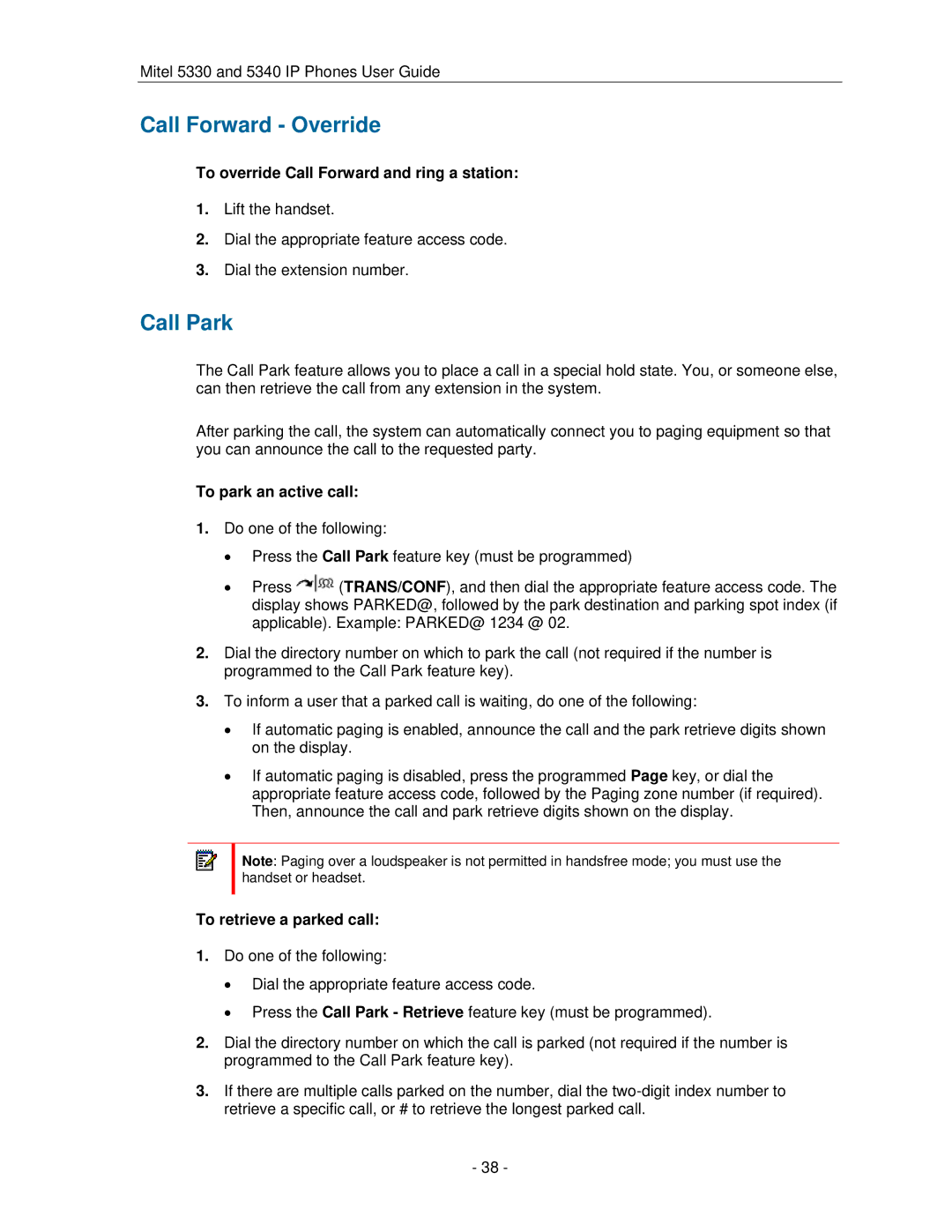 Mitel 5330 manual Call Forward Override, Call Park, To override Call Forward and ring a station, To park an active call 