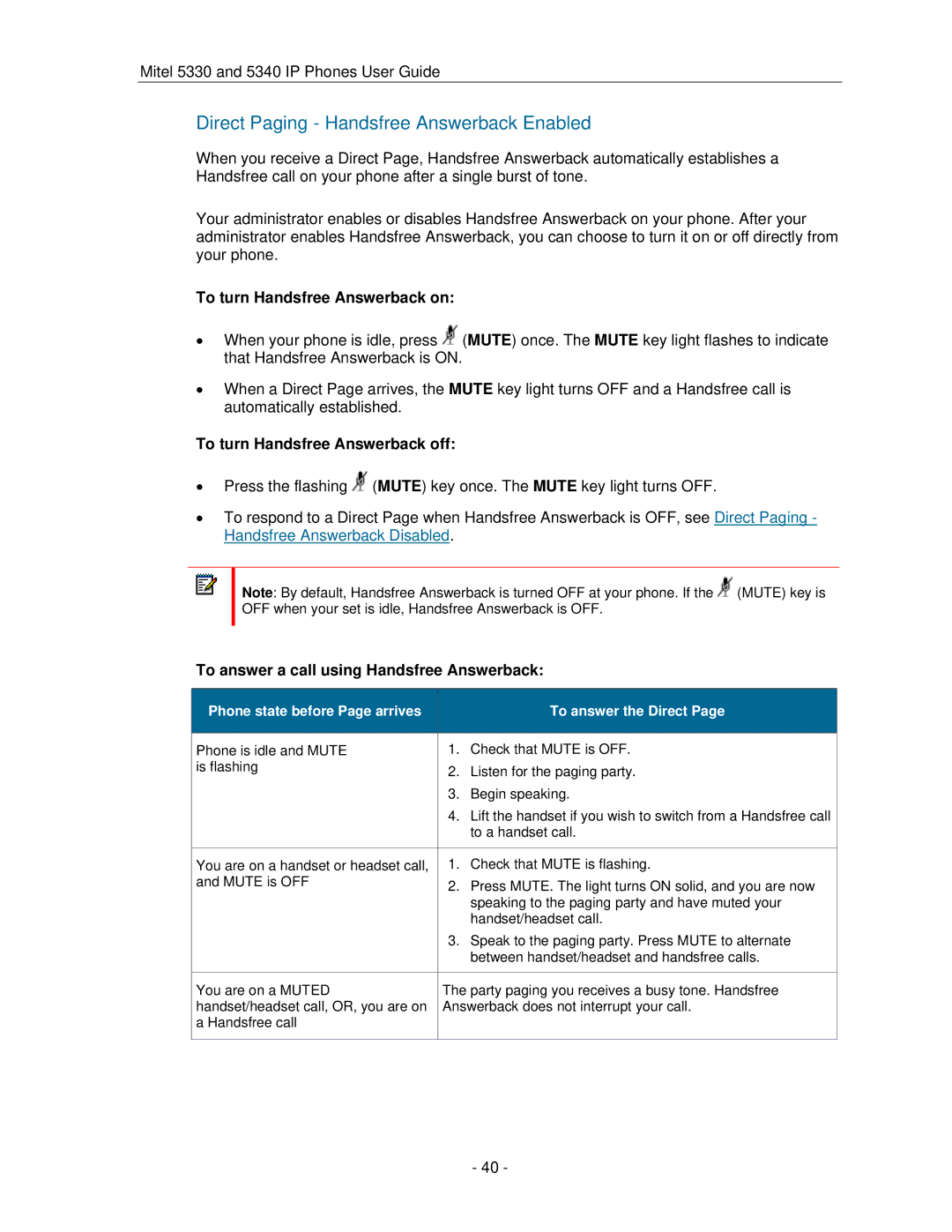 Mitel 5330 Direct Paging Handsfree Answerback Enabled, To turn Handsfree Answerback on, To turn Handsfree Answerback off 