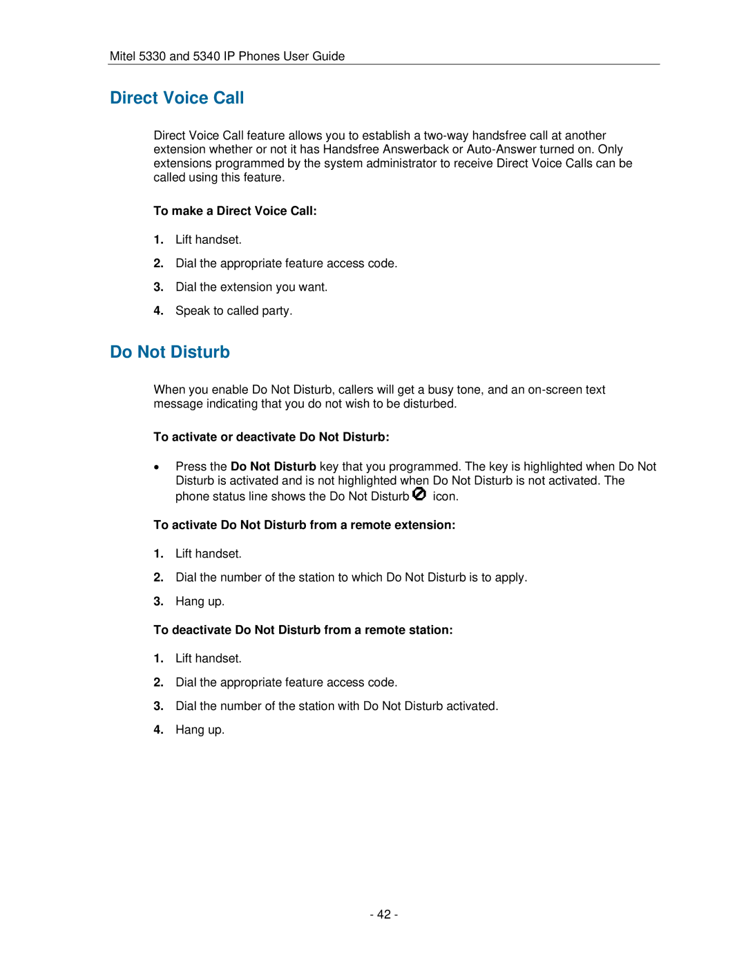 Mitel 5330 manual Direct Voice Call, Do Not Disturb 