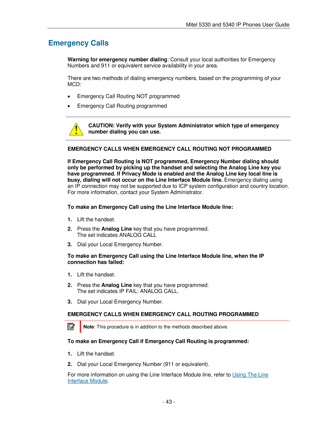 Mitel 5330 manual Emergency Calls When Emergency Call Routing not Programmed 