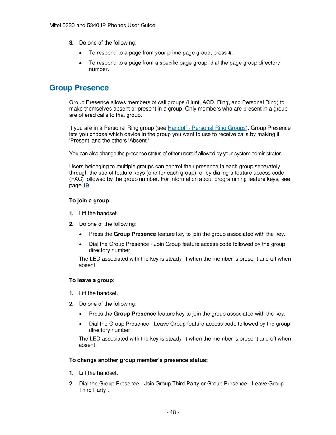 Mitel 5330 manual Group Presence, To join a group, To leave a group, To change another group members presence status 