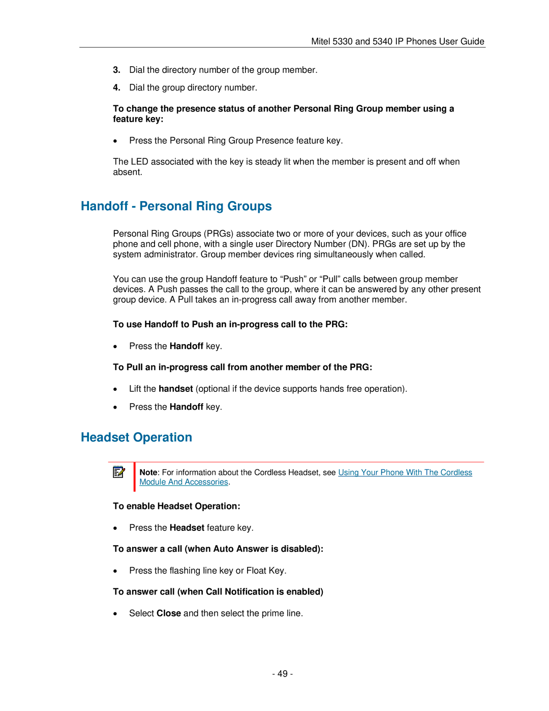 Mitel 5330 manual Handoff Personal Ring Groups, Headset Operation 