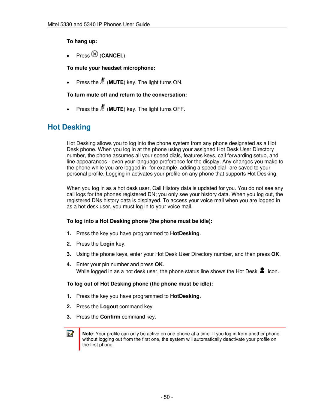 Mitel 5330 manual Hot Desking, To hang up, To mute your headset microphone 