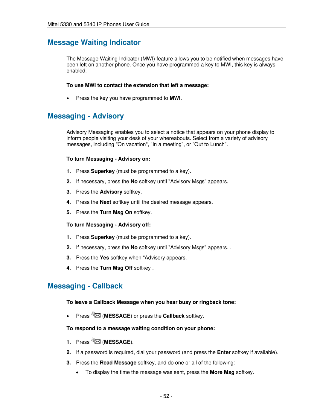 Mitel 5330 manual Message Waiting Indicator, Messaging Advisory, Messaging Callback 