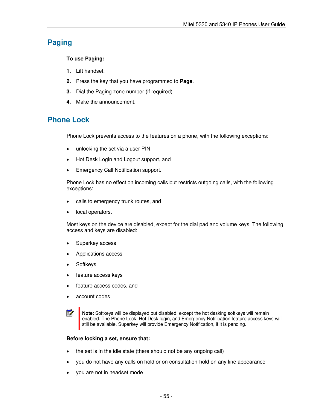 Mitel 5330 manual Phone Lock, To use Paging, Before locking a set, ensure that 