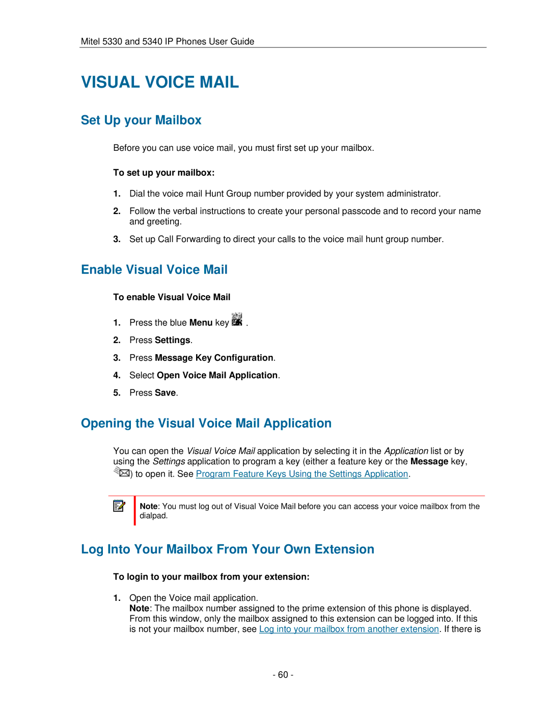 Mitel 5330 manual Set Up your Mailbox, Enable Visual Voice Mail, Opening the Visual Voice Mail Application 