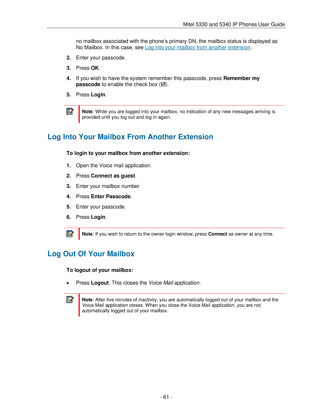 Mitel 5330 manual Log Into Your Mailbox From Another Extension, Log Out Of Your Mailbox 