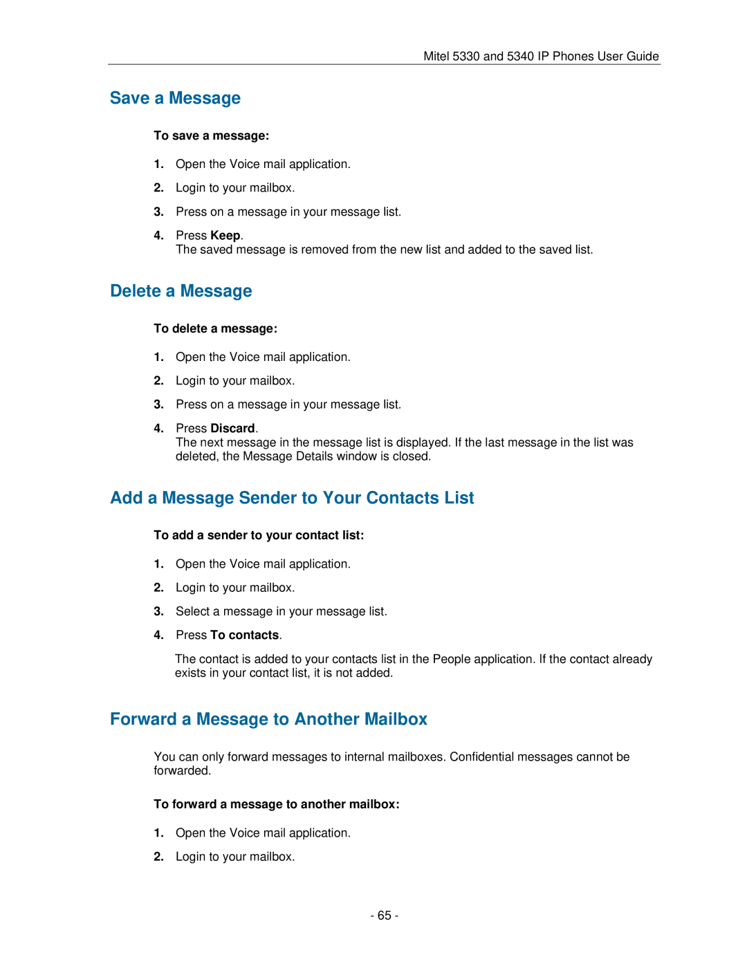 Mitel 5330 manual Save a Message, Delete a Message, Add a Message Sender to Your Contacts List 