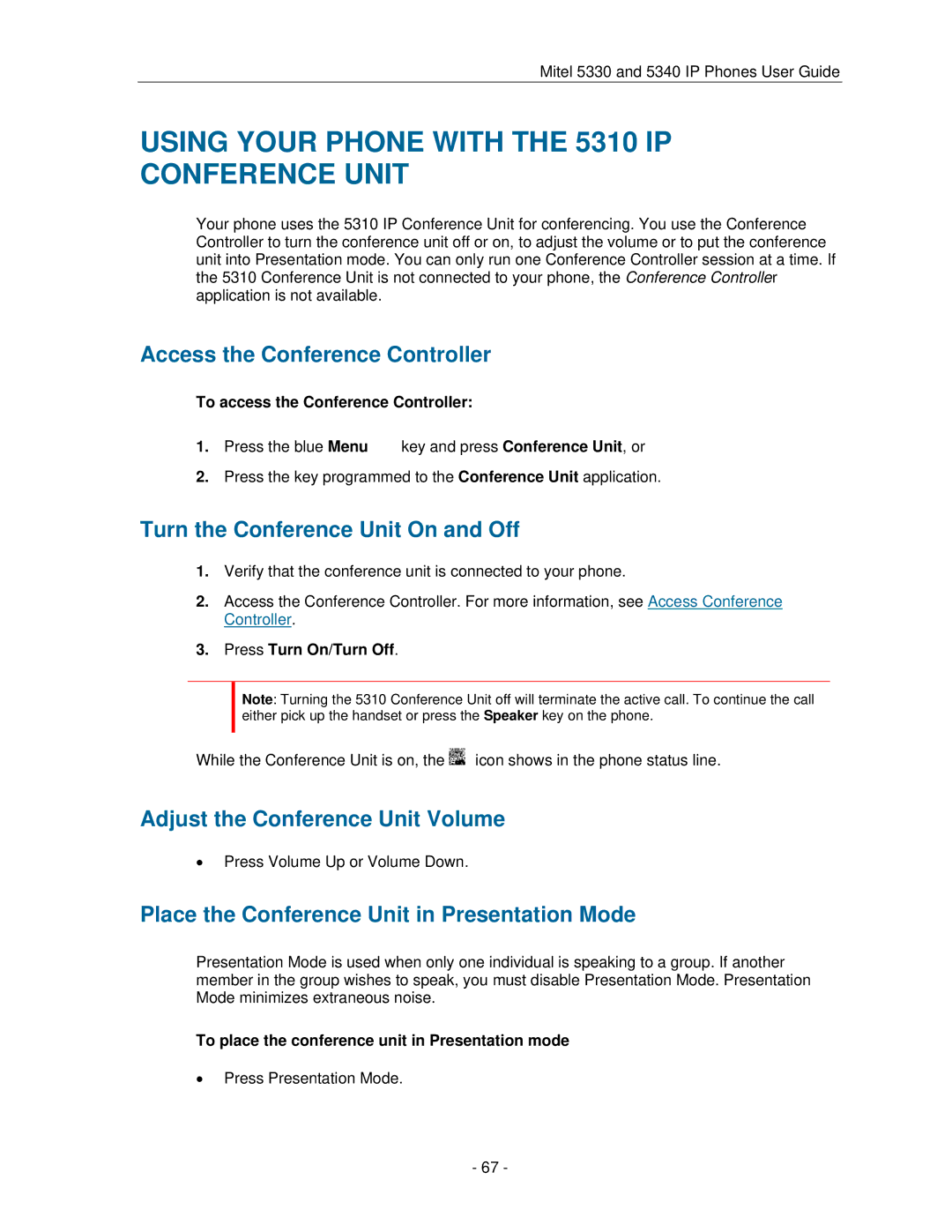 Mitel 5330 manual Using Your Phone with the 5310 IP Conference Unit, Access the Conference Controller 