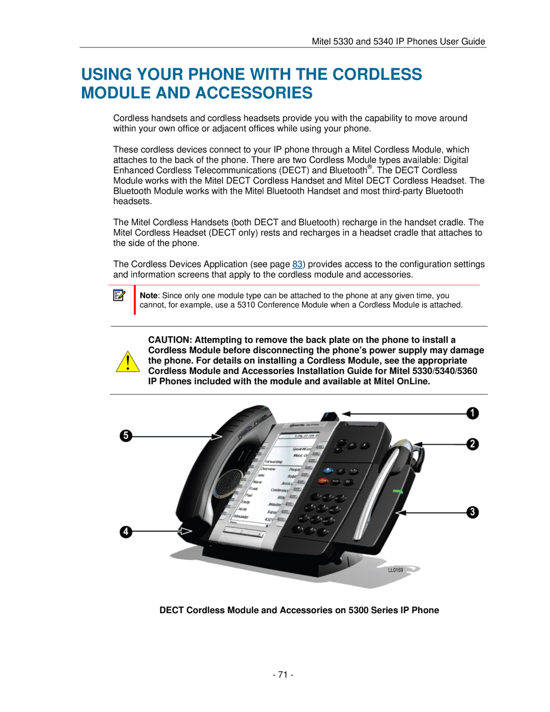 Mitel 5330 manual Using Your Phone with the Cordless Module and Accessories 