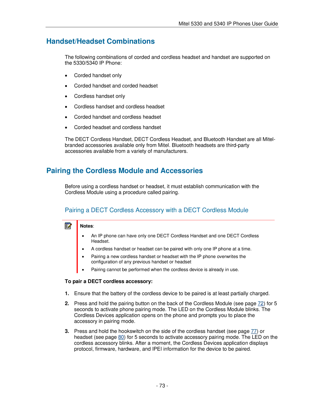 Mitel 5330 Handset/Headset Combinations, Pairing the Cordless Module and Accessories, To pair a Dect cordless accessory 