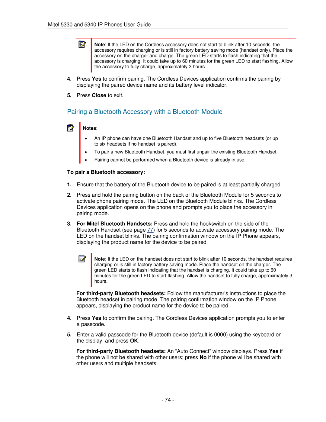 Mitel 5330 manual Pairing a Bluetooth Accessory with a Bluetooth Module, To pair a Bluetooth accessory 