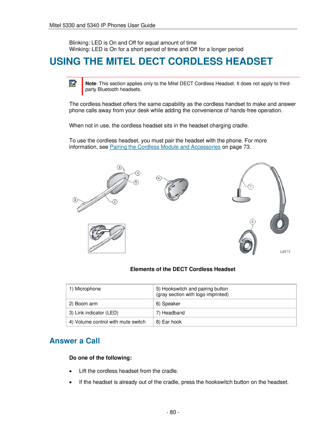 Mitel 5330 manual Using the Mitel Dect Cordless Headset, Elements of the Dect Cordless Headset 