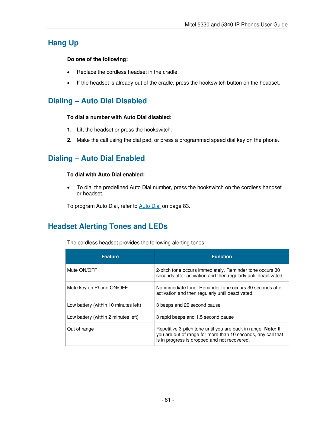 Mitel 5330 manual Headset Alerting Tones and LEDs, Cordless headset provides the following alerting tones 