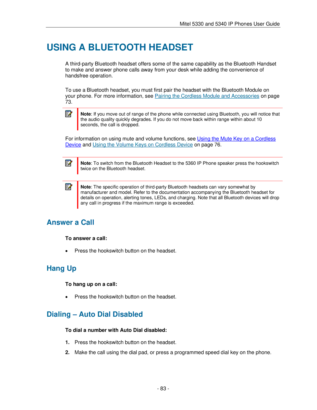 Mitel 5330 manual Using a Bluetooth Headset, To answer a call, To hang up on a call 