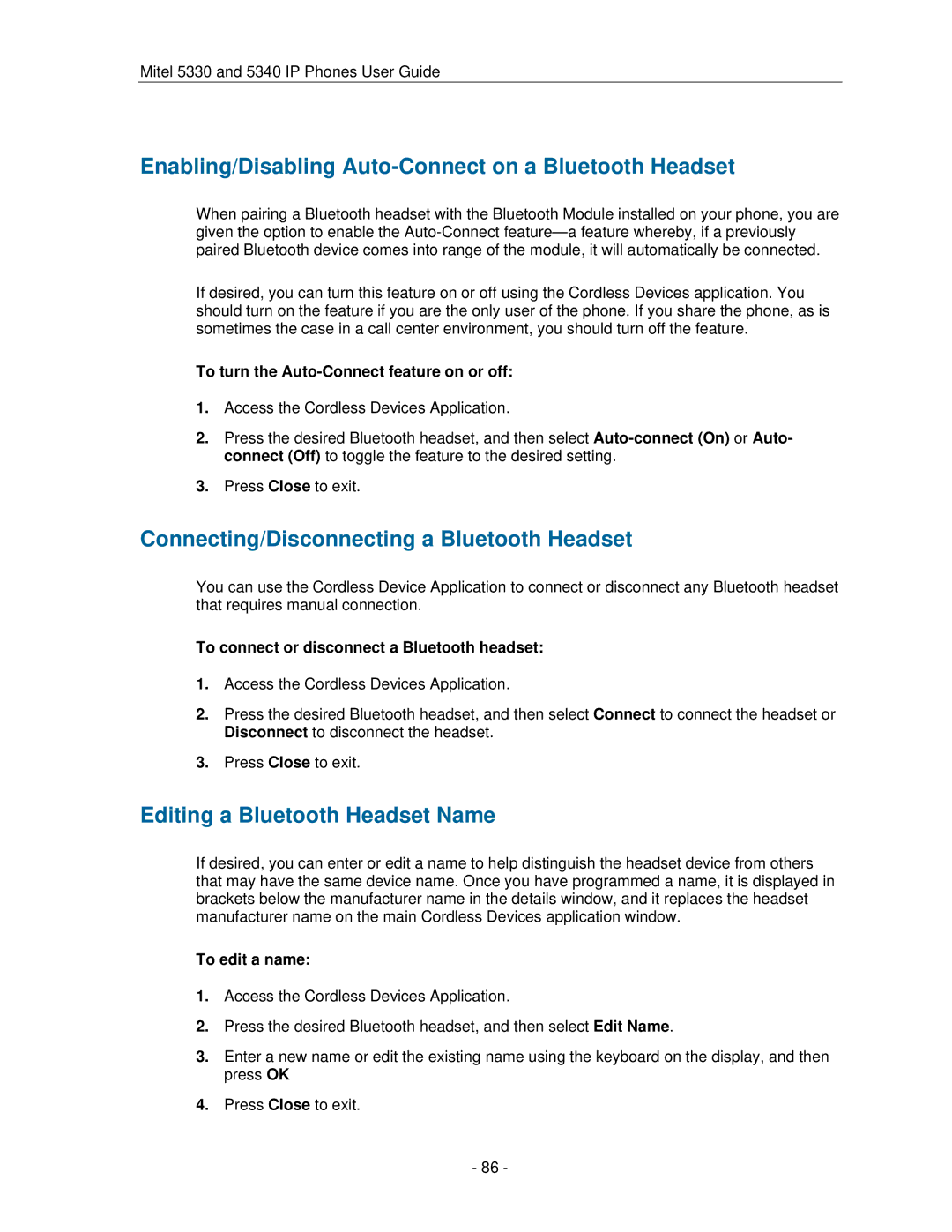 Mitel 5330 manual Enabling/Disabling Auto-Connect on a Bluetooth Headset, Connecting/Disconnecting a Bluetooth Headset 