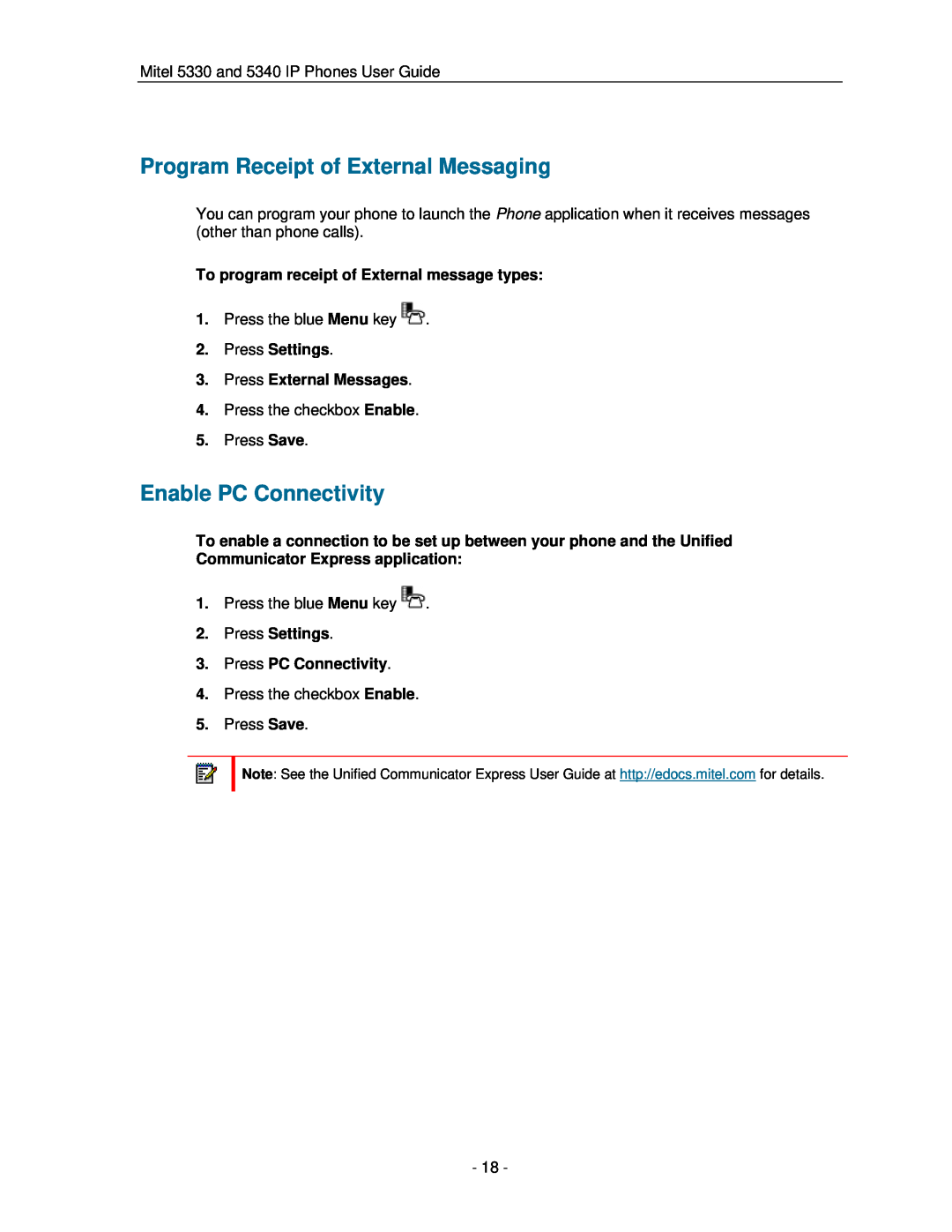 Mitel 5330 Program Receipt of External Messaging, Enable PC Connectivity, To program receipt of External message types 