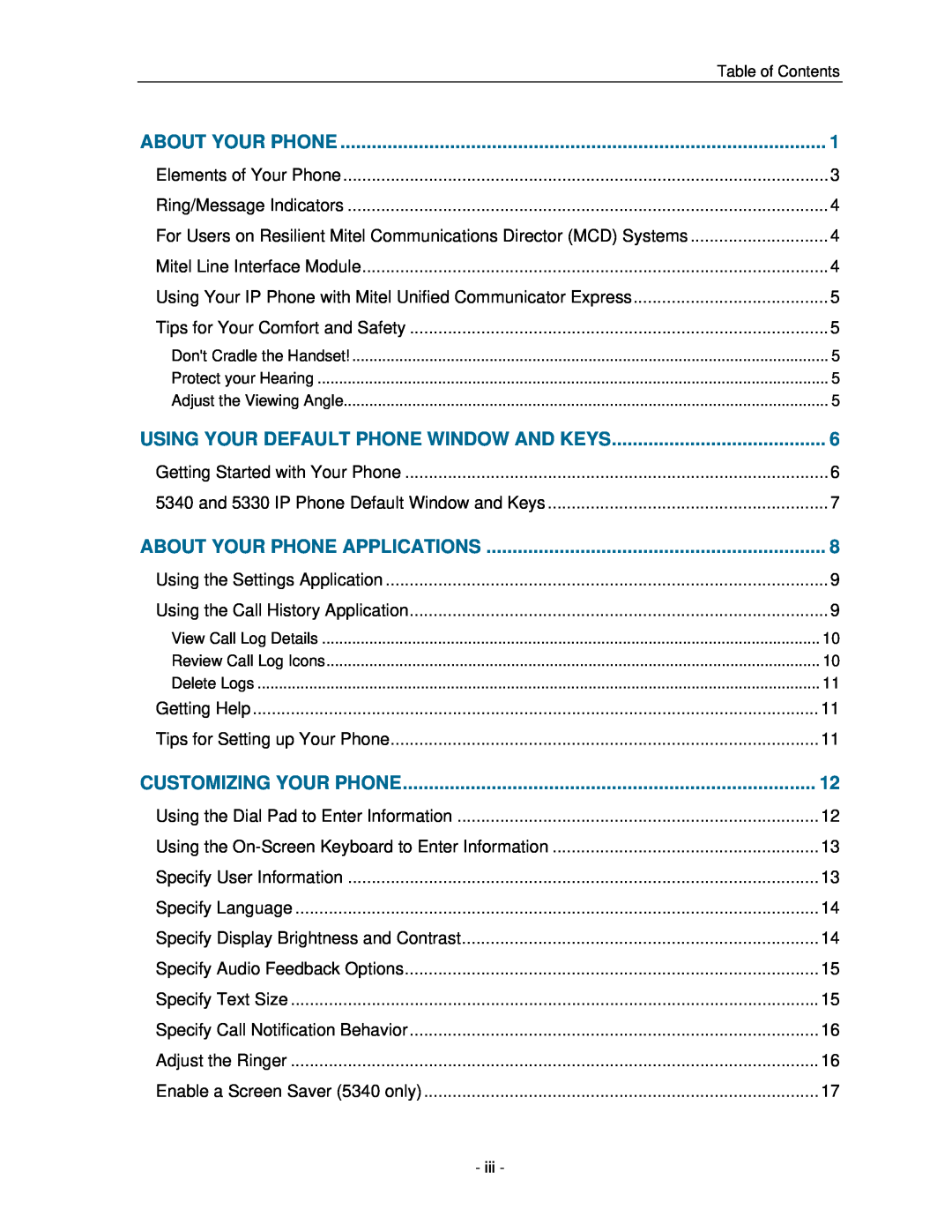 Mitel 5330 manual Table of Contents, Using Your Default Phone Window And Keys, Customizing Your Phone 