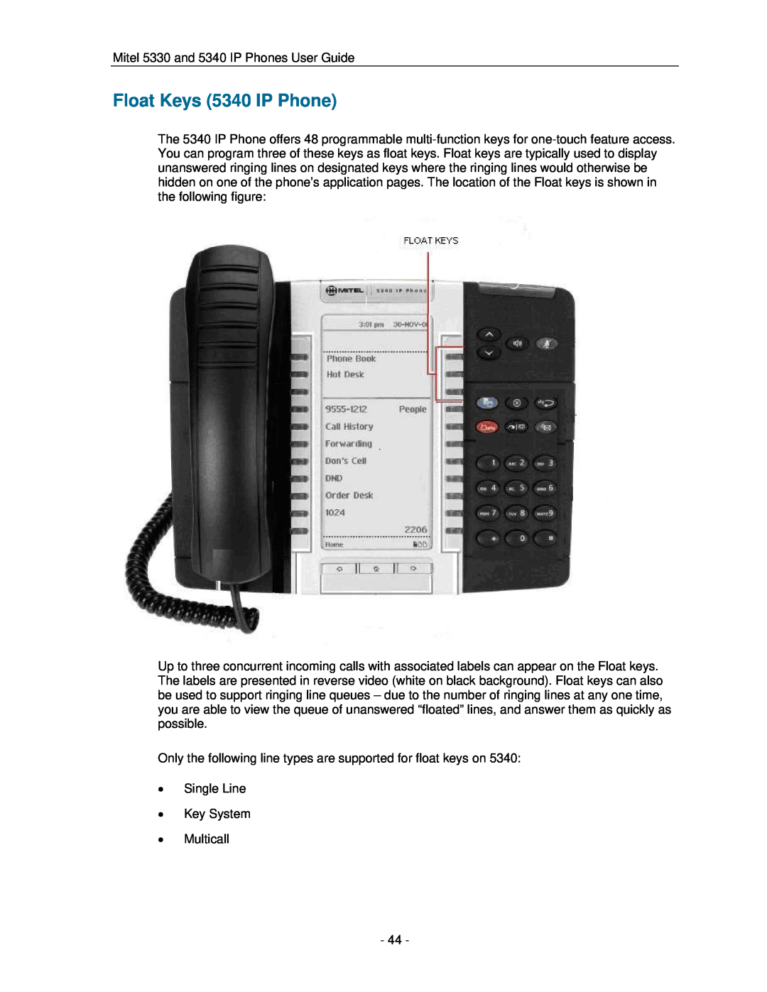Mitel 5330 manual Float Keys 5340 IP Phone 