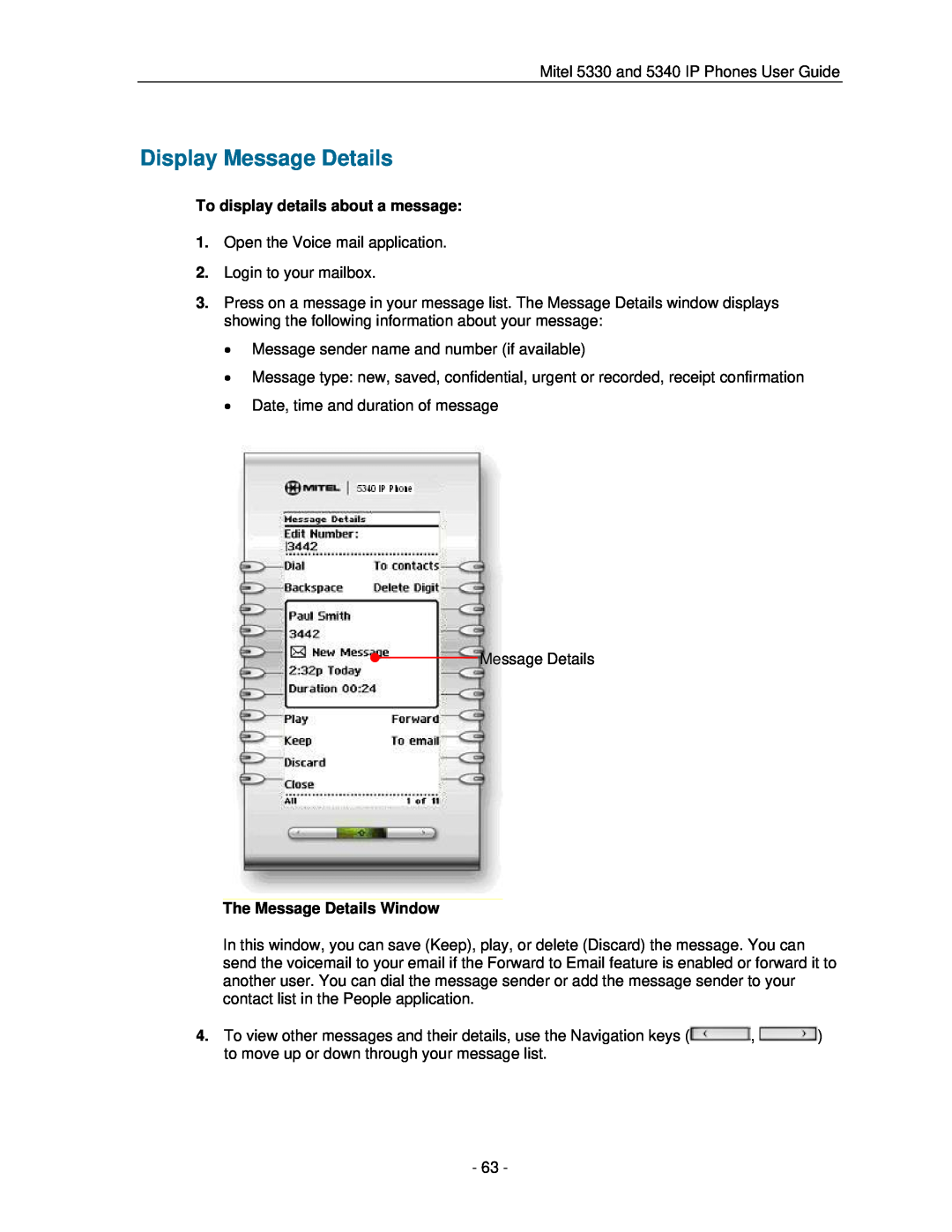 Mitel 5330 manual Display Message Details, To display details about a message, The Message Details Window 