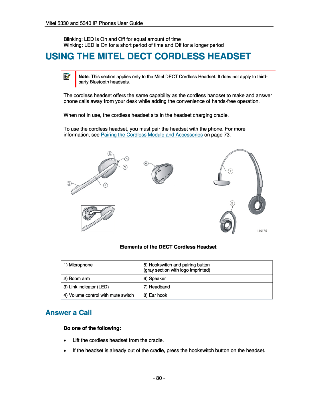 Mitel 5330 manual Using The Mitel Dect Cordless Headset, Answer a Call, Elements of the DECT Cordless Headset 