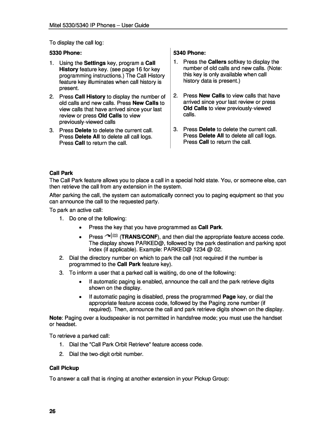 Mitel 5330 manual Call Park, Call Pickup, Phone 
