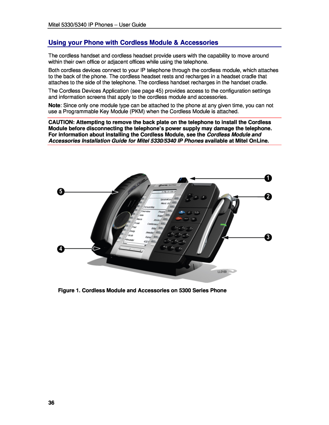 Mitel 5330 manual Using your Phone with Cordless Module & Accessories, Cordless Module and Accessories on 5300 Series Phone 