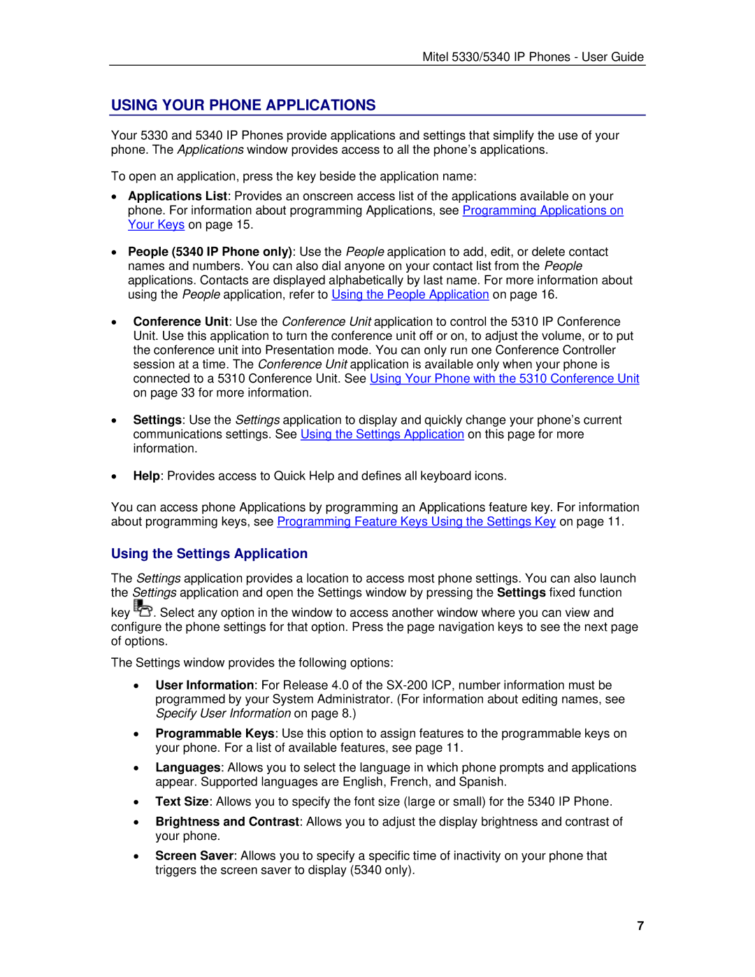 Mitel 5330/5340 manual Using Your Phone Applications, Using the Settings Application 