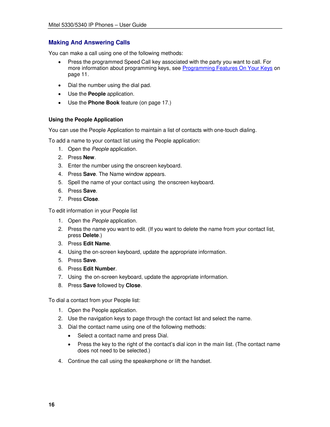 Mitel 5330/5340 manual Making And Answering Calls, Using the People Application, Press Edit Name, Press Edit Number 