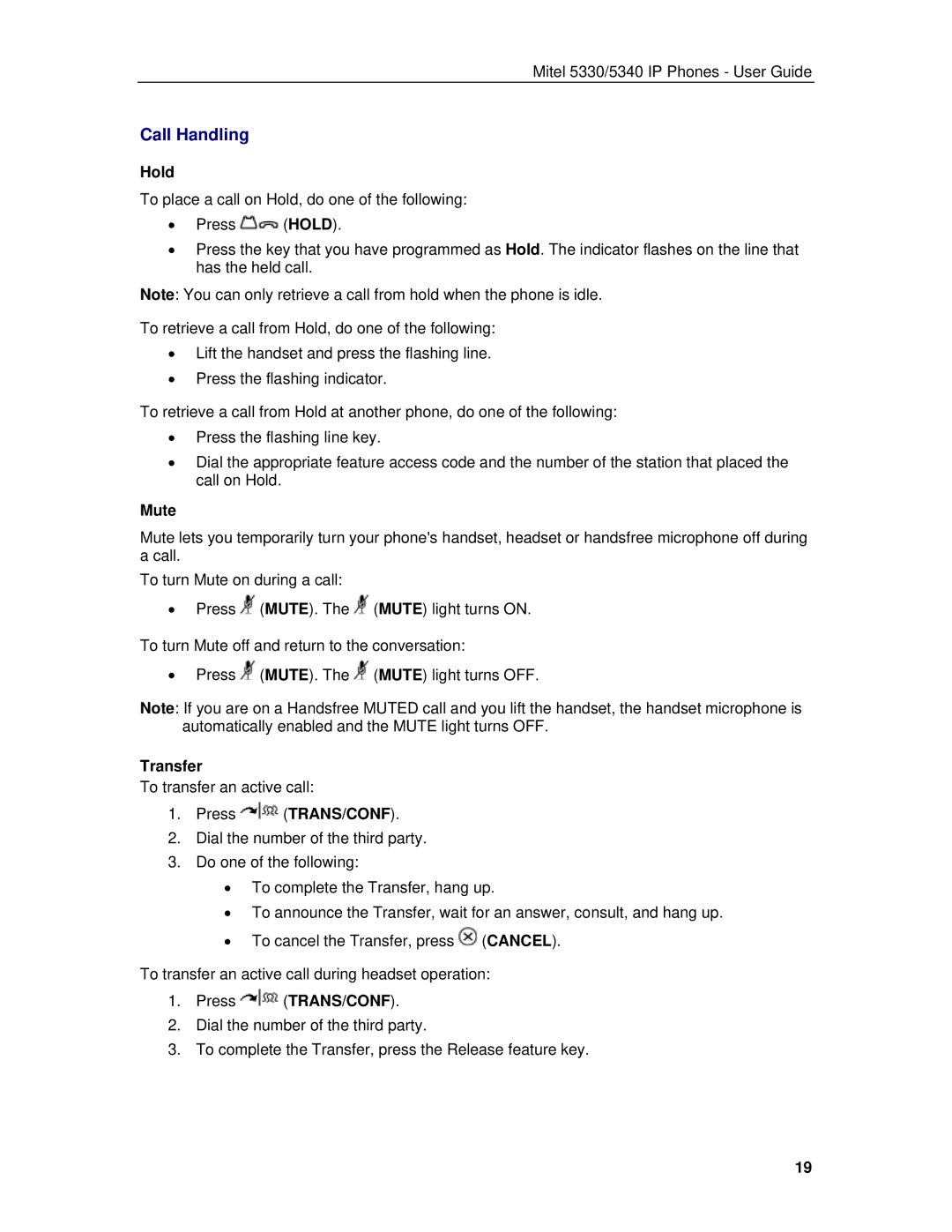 Mitel 5330/5340 manual Call Handling, Hold, Mute, Transfer 