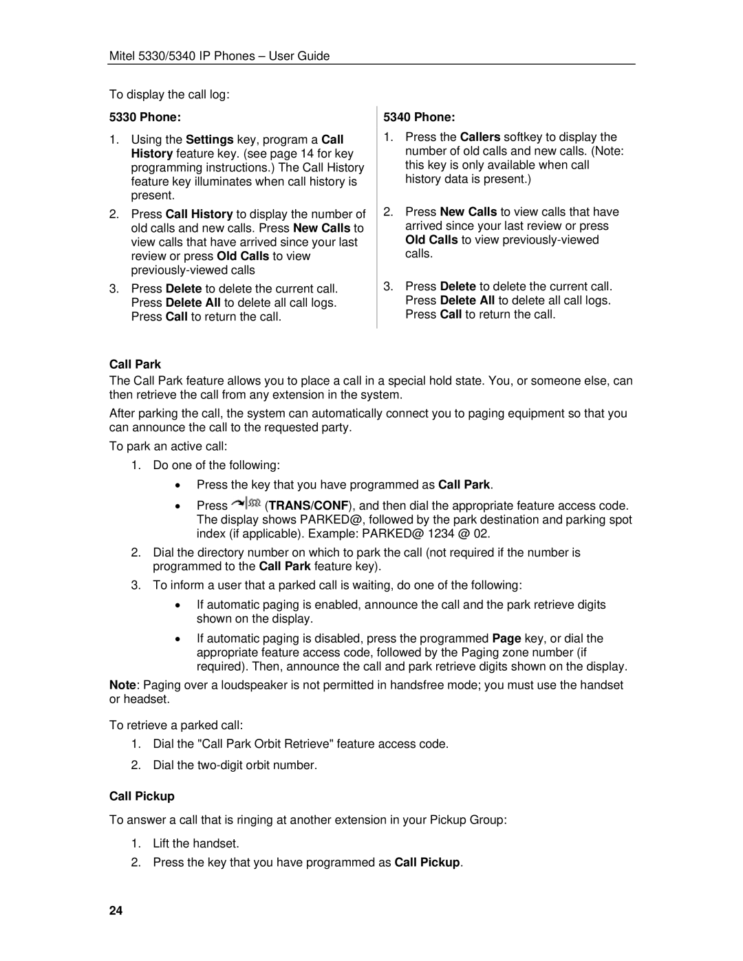 Mitel 5330/5340 manual Call Park Phone, Call Pickup 