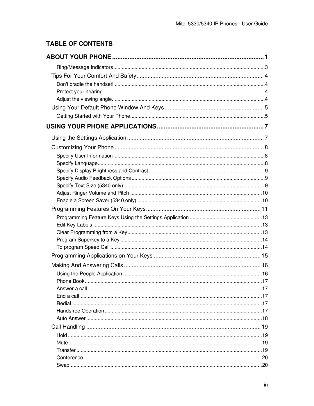 Mitel 5330/5340 manual Table of Contents About Your Phone 