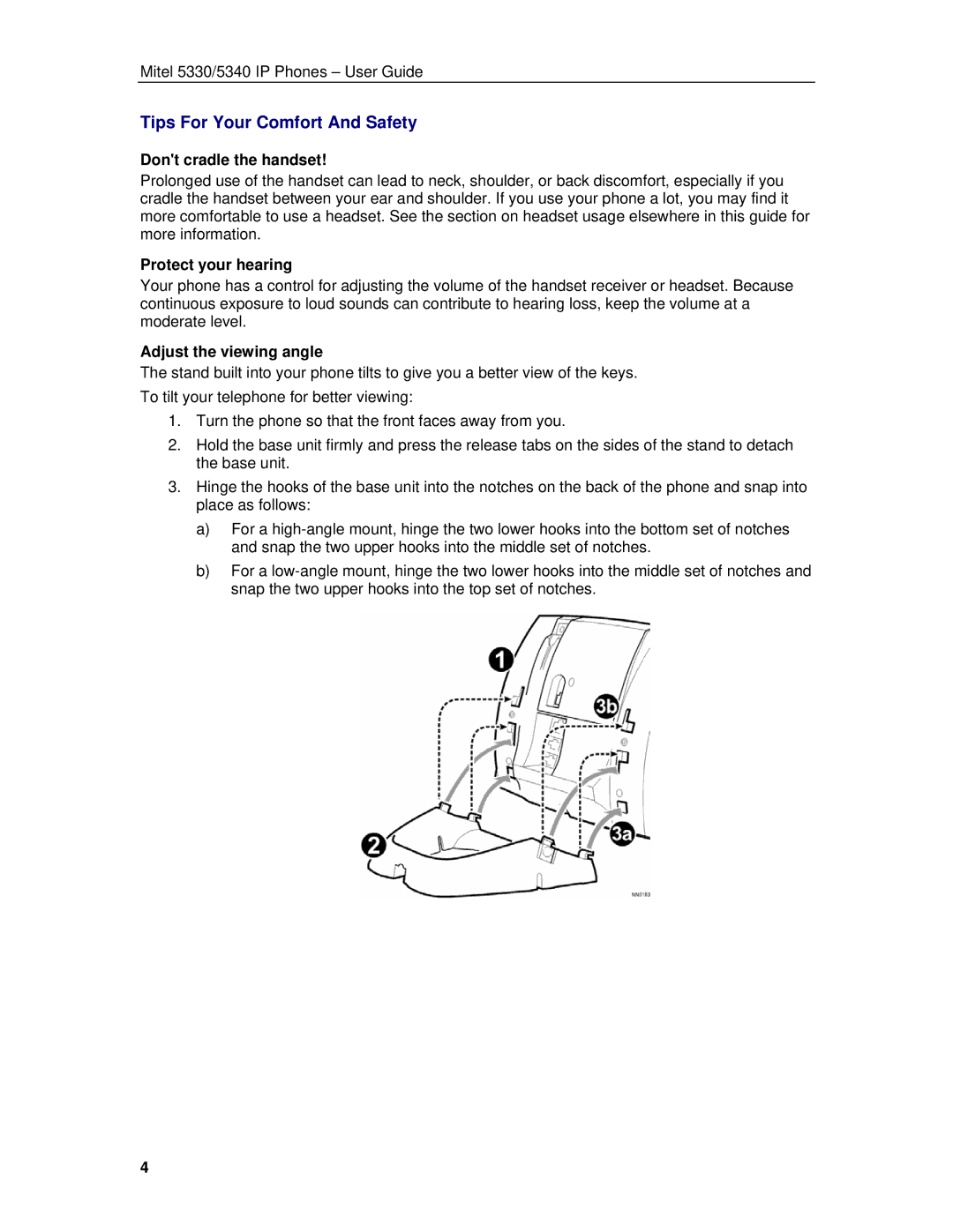 Mitel 5330/5340 Tips For Your Comfort And Safety, Dont cradle the handset, Protect your hearing, Adjust the viewing angle 