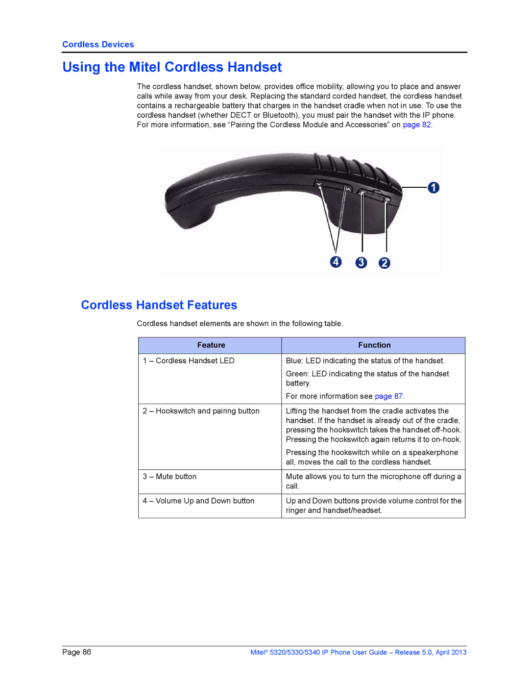 Mitel 5340, 5320, 5330 manual Using the Mitel Cordless Handset, Cordless Handset Features 