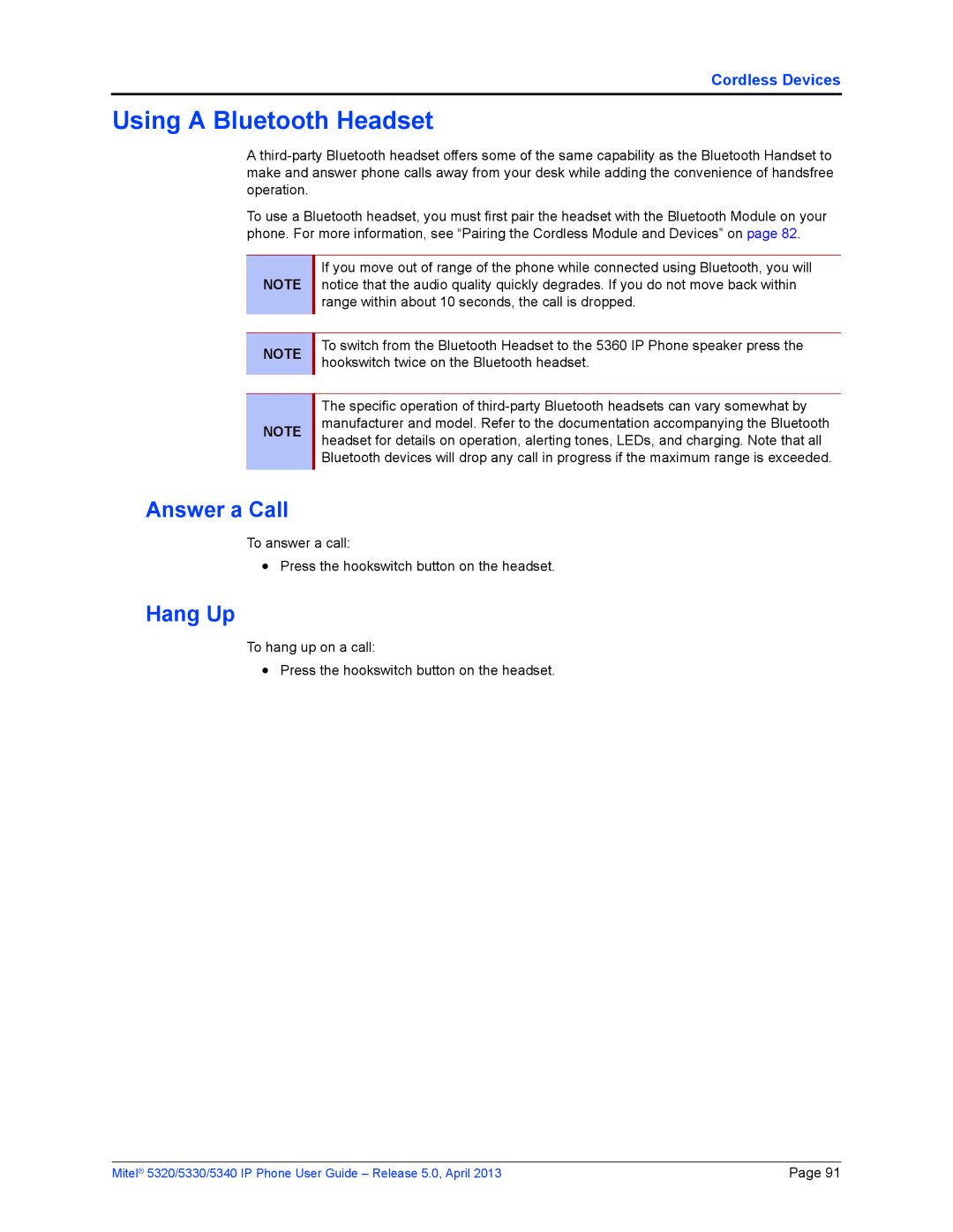 Mitel 5330, 5340, 5320 manual Using a Bluetooth Headset, Answer a Call, Hang Up 