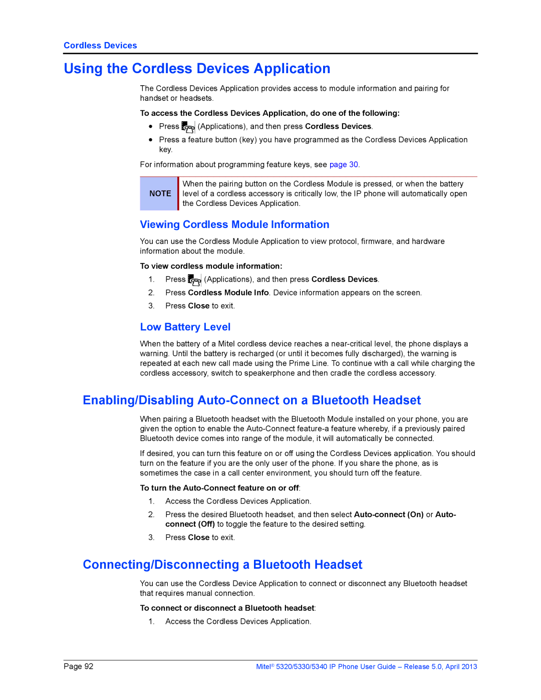 Mitel 5340, 5320, 5330 manual Using the Cordless Devices Application, Enabling/Disabling Auto-Connect on a Bluetooth Headset 